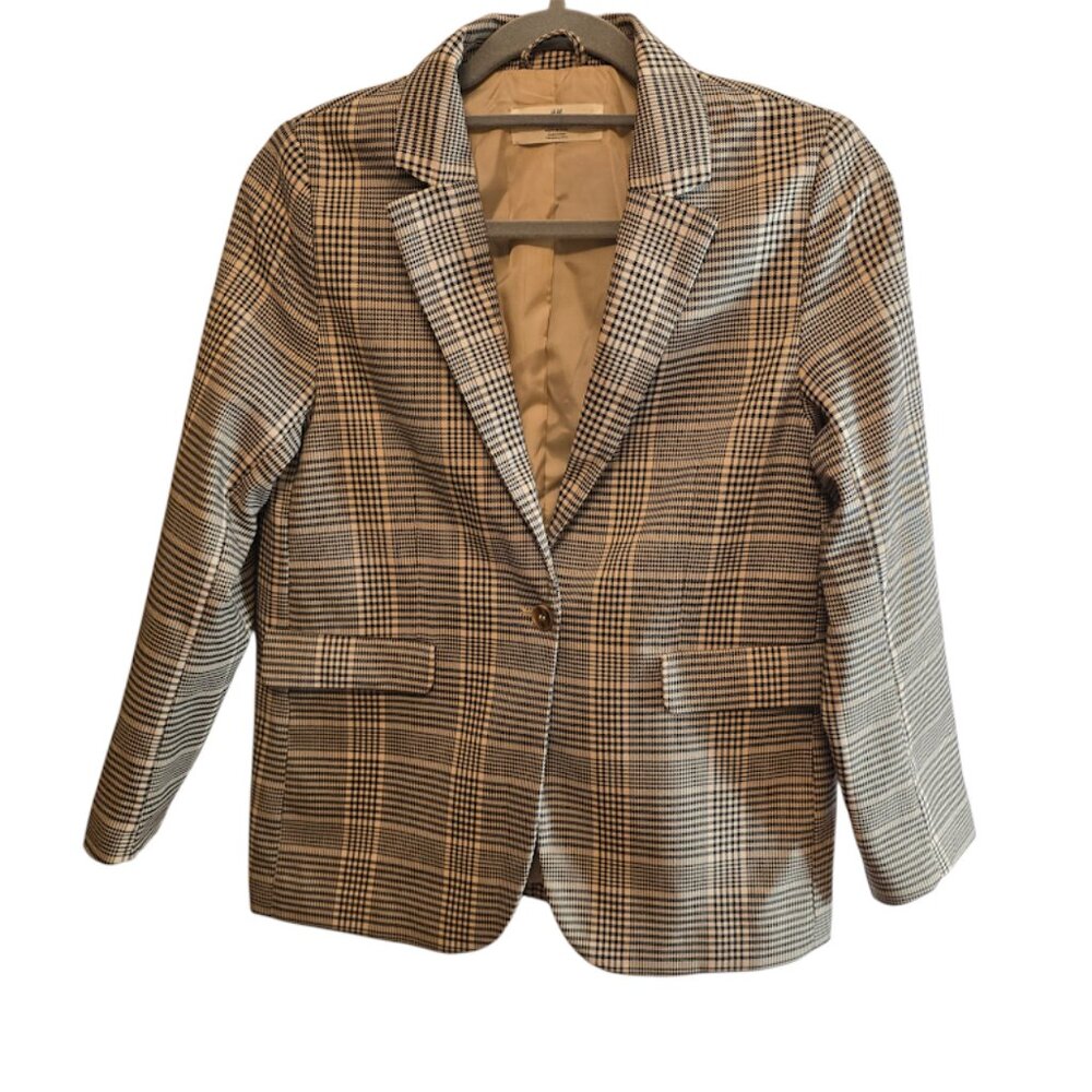 H&M PLAID BLAZER SIZE 12 FITTED TRUE TO SIZE NEUTRALS SINGLE BUTTON PREPPY